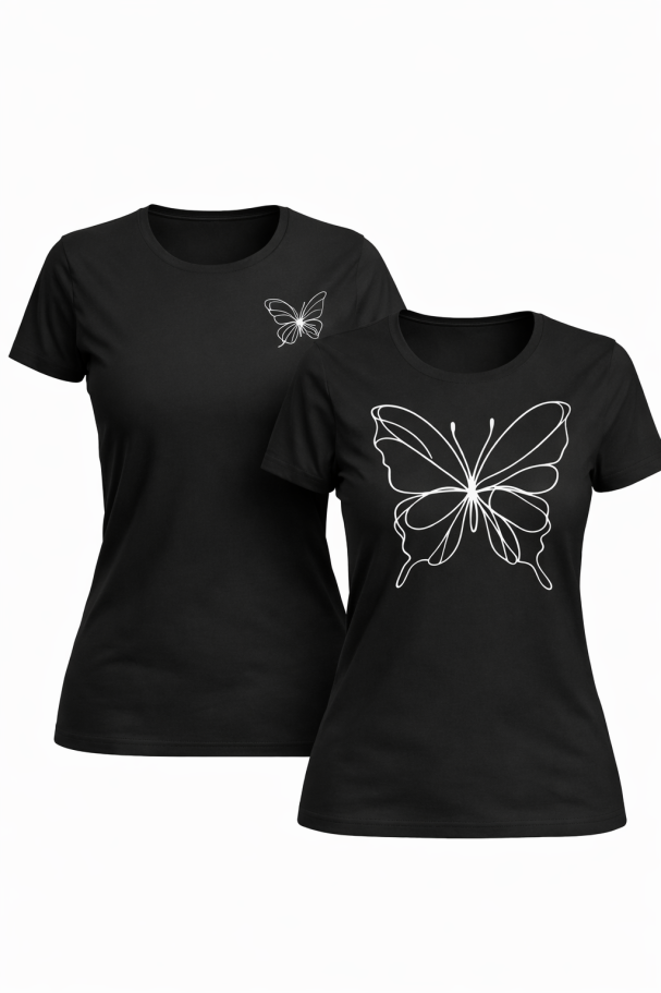 Schwarzes T-Shirt mit Glitzer-Schmetterlingsmotiv vorne und klein auf der Brust.